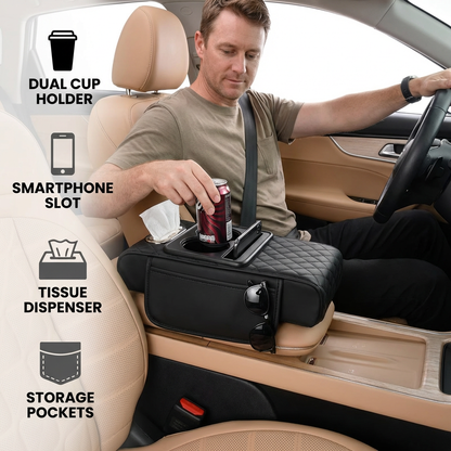 Multifunctional car armrest organizer with cup holder & built-in storage