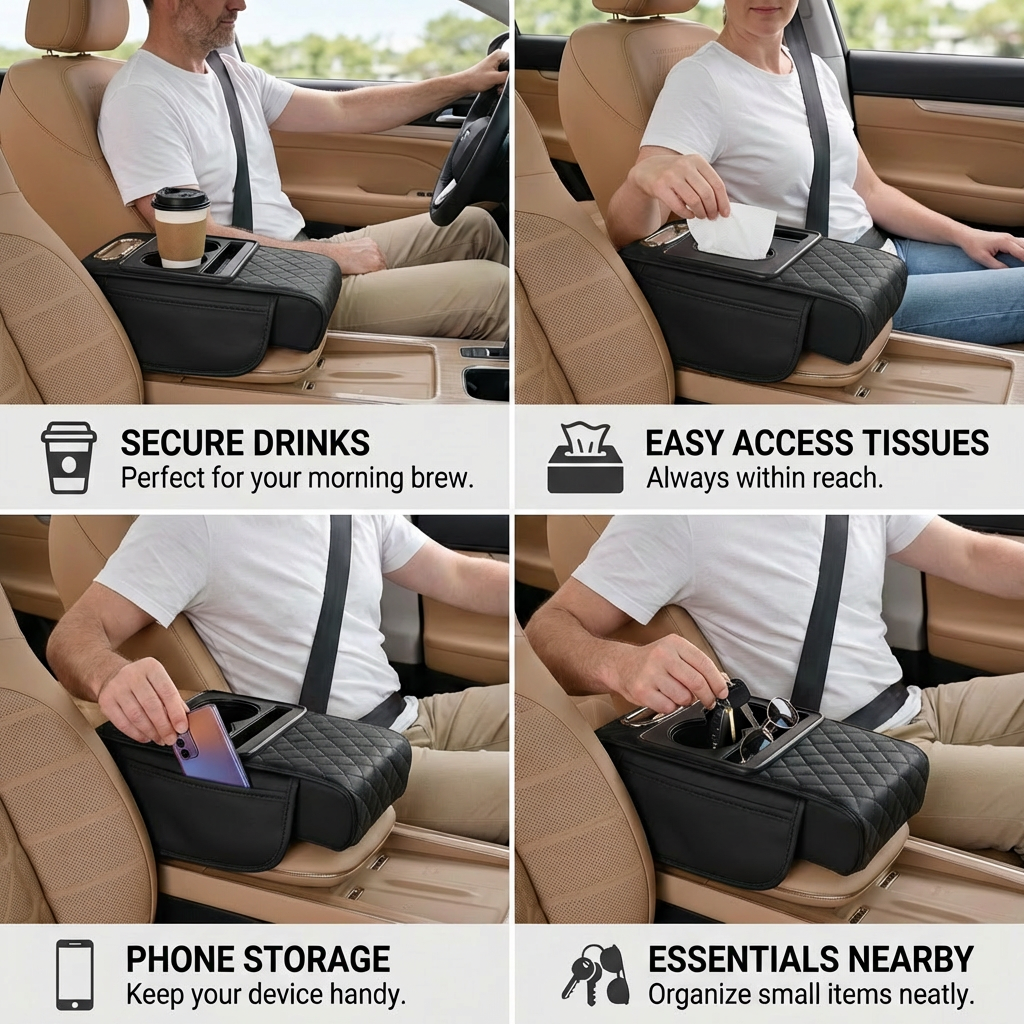 Multifunctional car armrest organizer with cup holder & built-in storage
