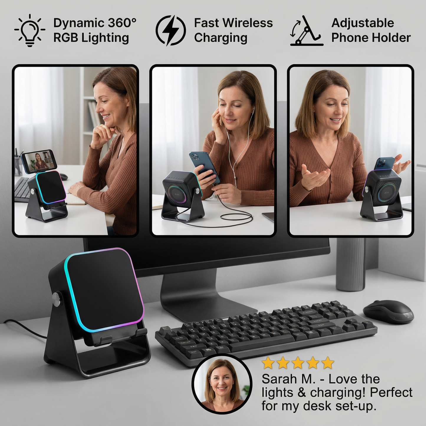 Multifunctional Bluetooth Speaker – With Lighting, Wireless Charging and Adjustable Phone Holder