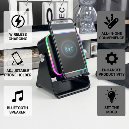 Multifunctional Bluetooth Speaker – With Lighting, Wireless Charging and Adjustable Phone Holder