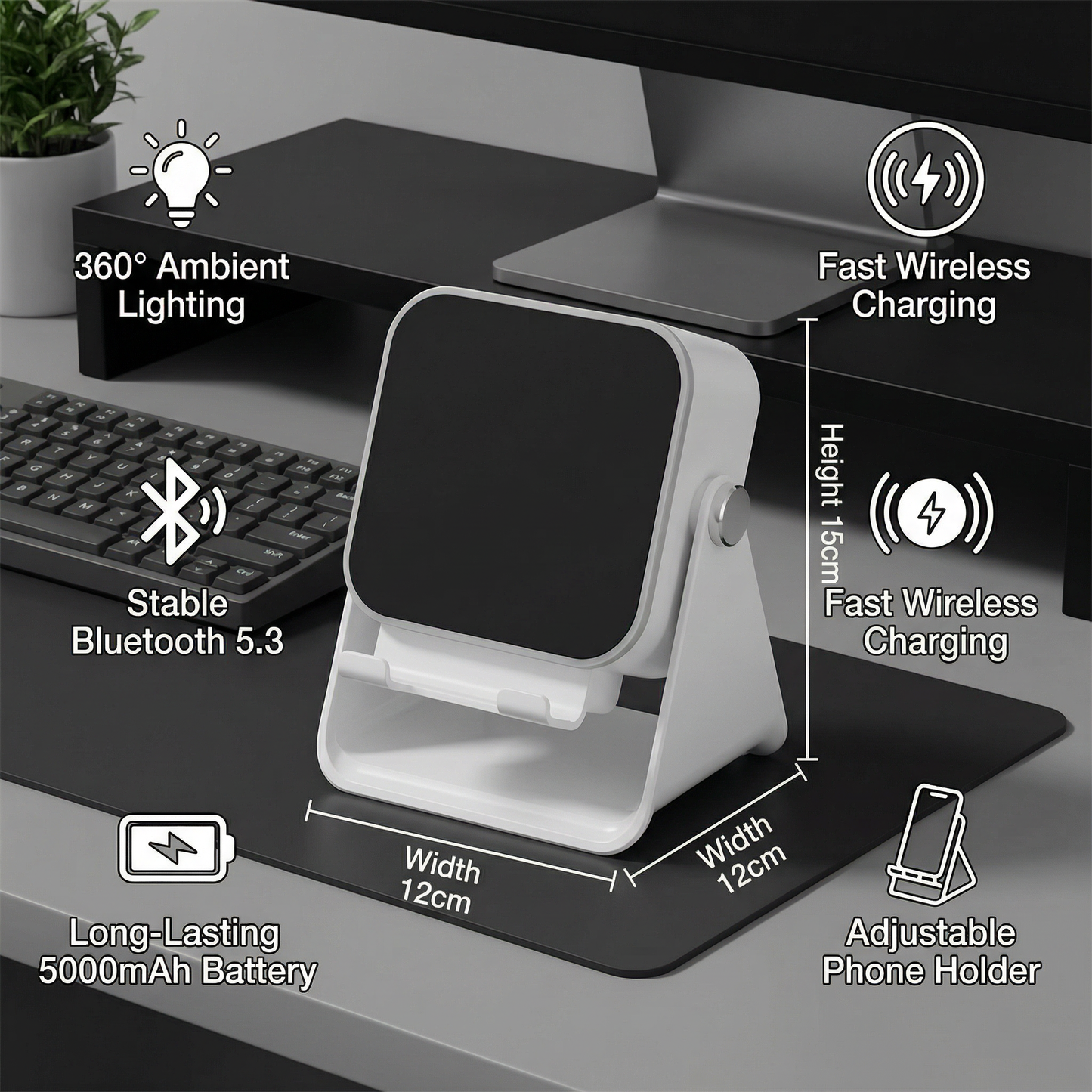 Multifunctional Bluetooth Speaker – With Lighting, Wireless Charging and Adjustable Phone Holder