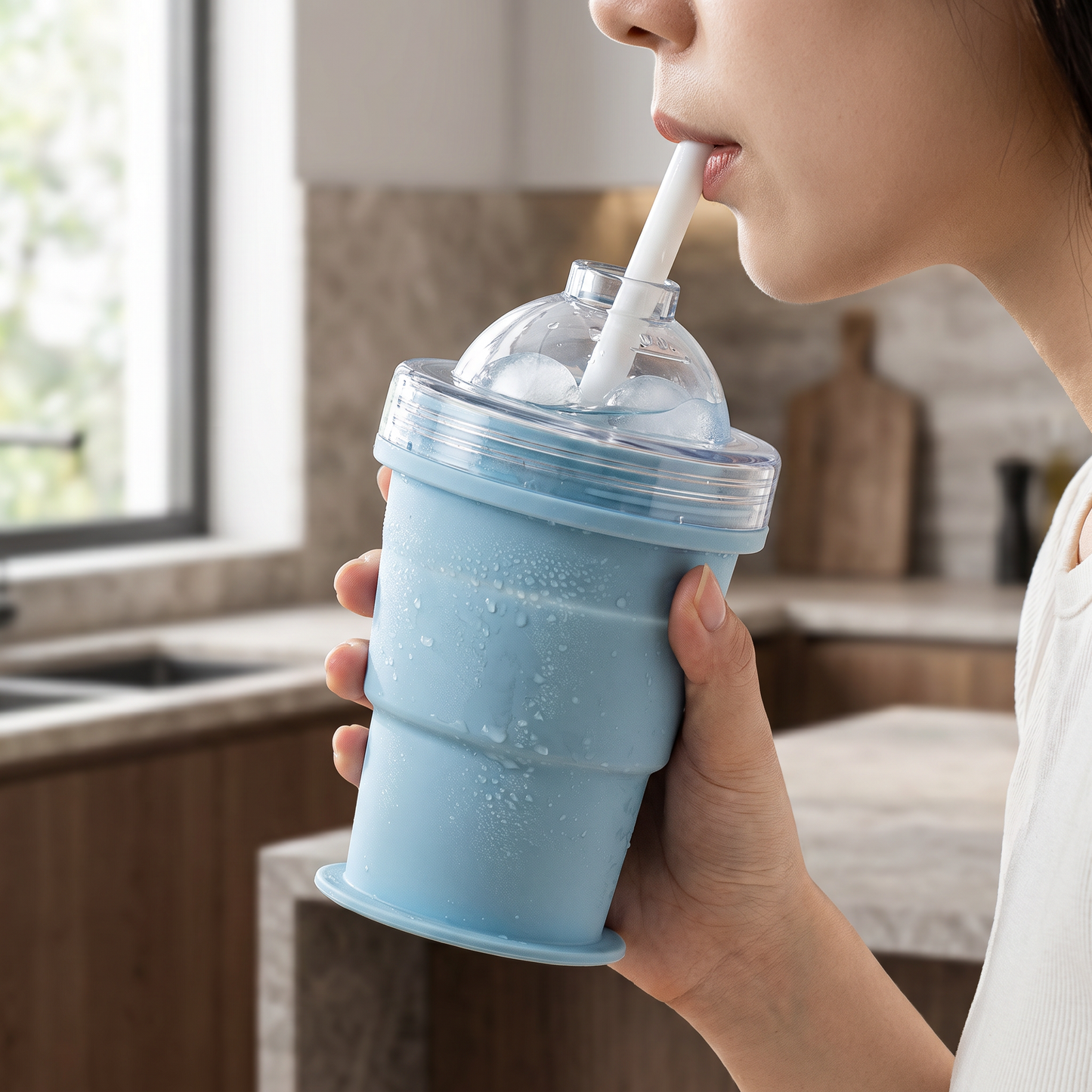 2-in-1 Ice Cube Cup – Foldable, with Straw & Silicone Mold for On-the-Go Use