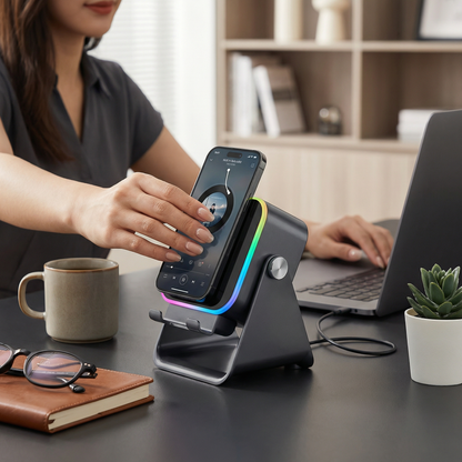 Multifunctional Bluetooth Speaker – With Lighting, Wireless Charging and Adjustable Phone Holder