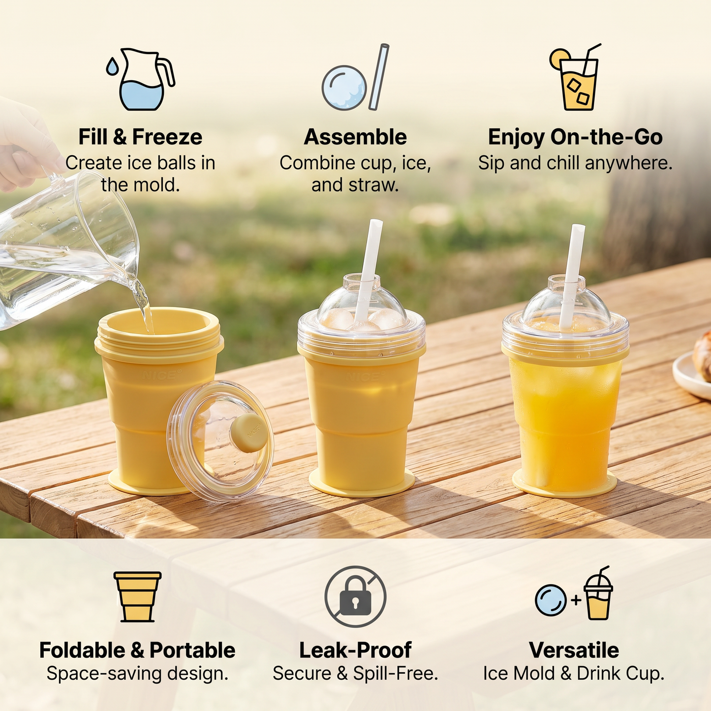 2-in-1 Ice Cube Cup – Foldable, with Straw & Silicone Mold for On-the-Go Use
