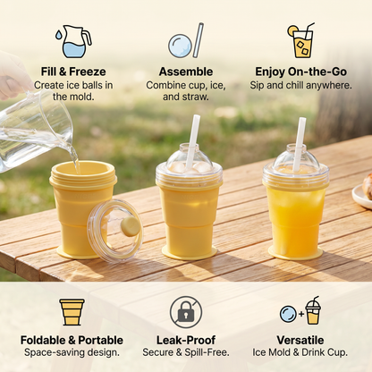 2-in-1 Ice Cube Cup – Foldable, with Straw & Silicone Mold for On-the-Go Use