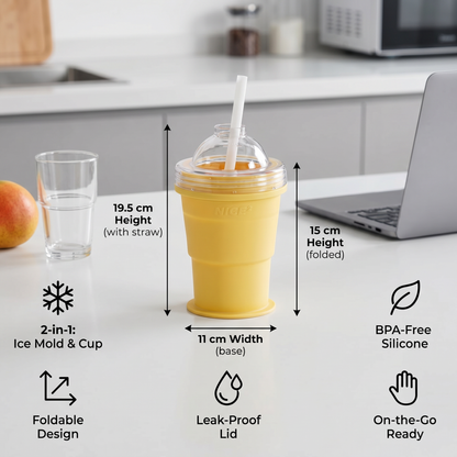 2-in-1 Ice Cube Cup – Foldable, with Straw & Silicone Mold for On-the-Go Use