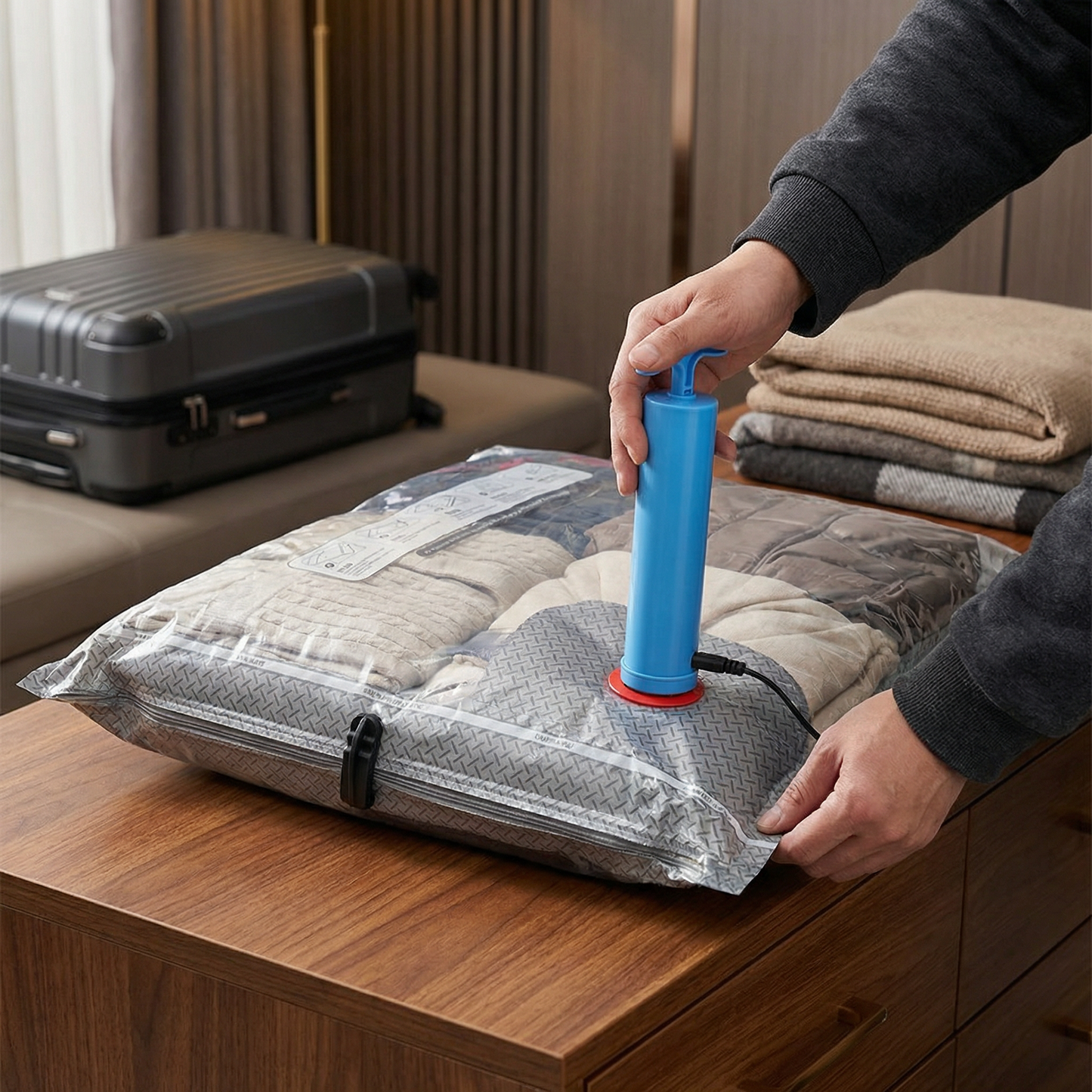 Travel vacuum storage bag set with rechargeable air pump