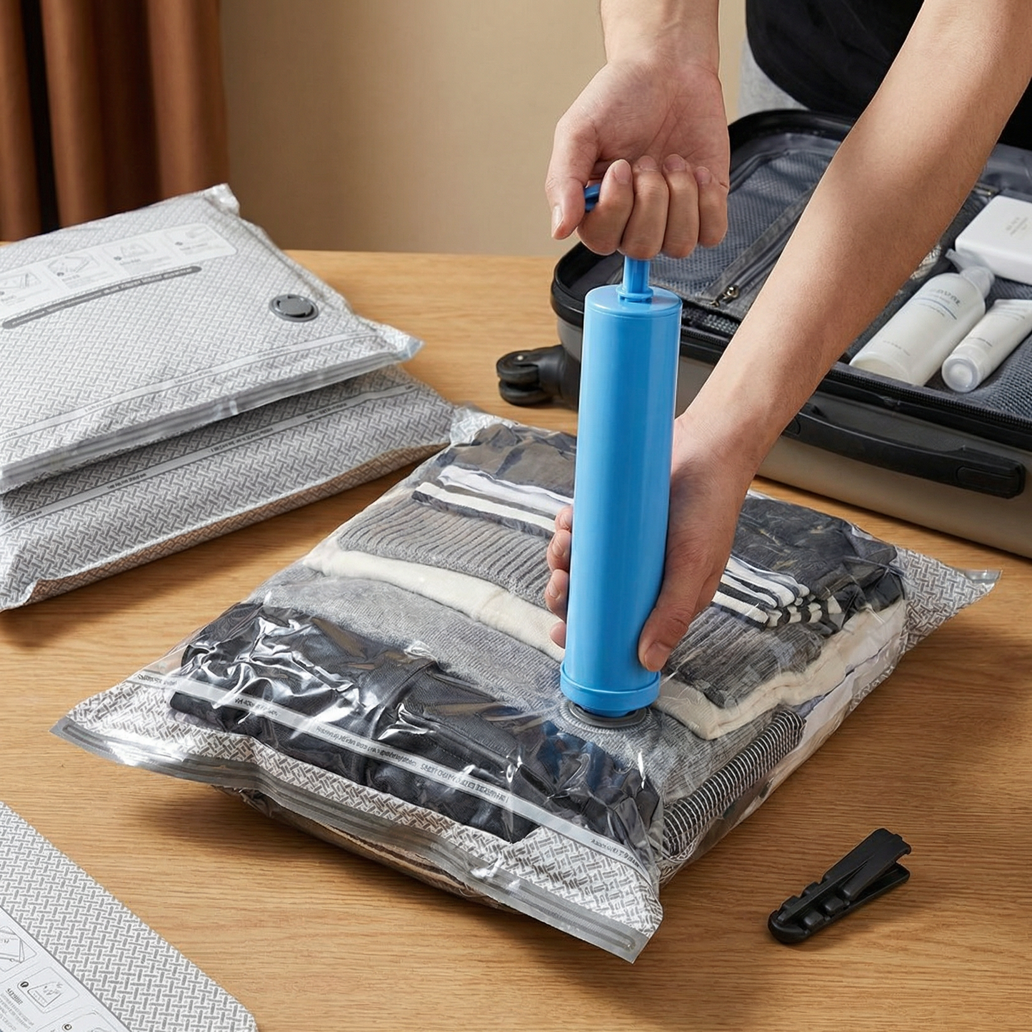 Travel vacuum storage bag set with rechargeable air pump