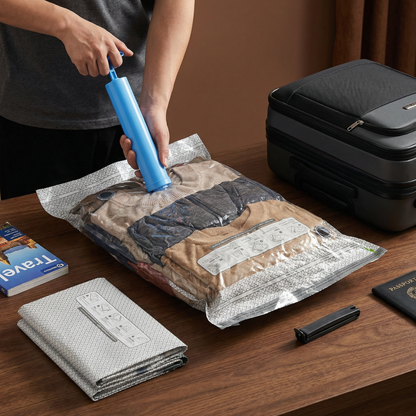 Travel vacuum storage bag set with rechargeable air pump