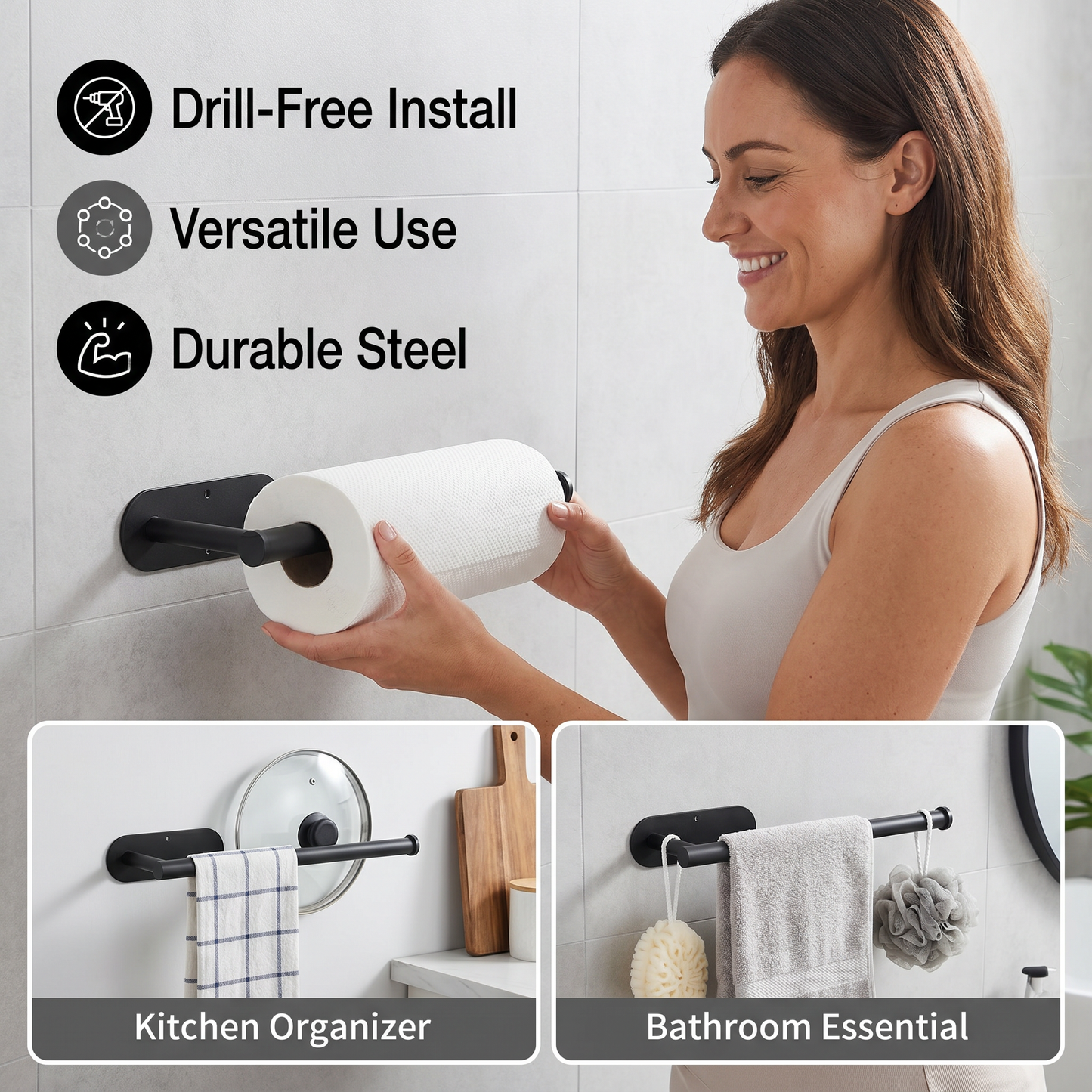 Modern Stainless Steel Roll Holder – Drill-Free Mount for Versatile Use