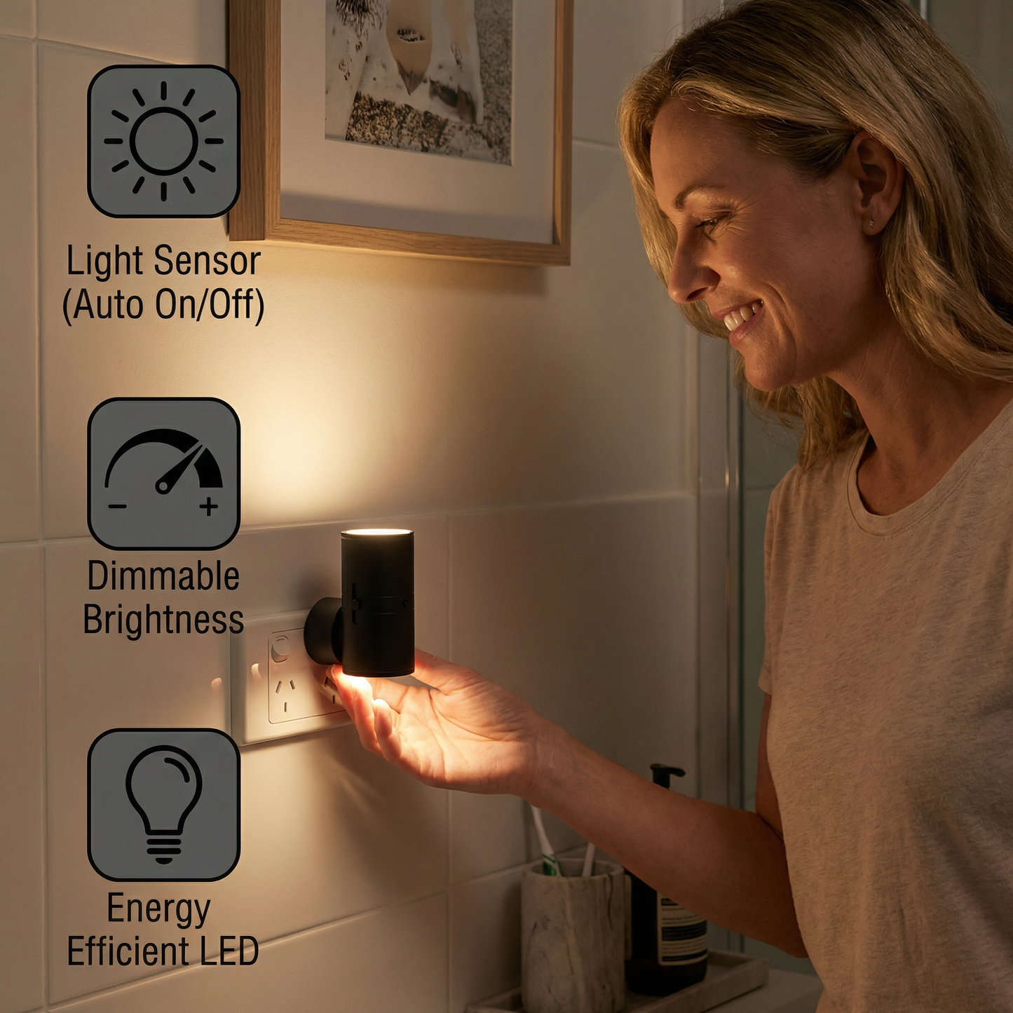 LED Plug-in Night Light – Dimmable with Light Sensor for a Cozy Home