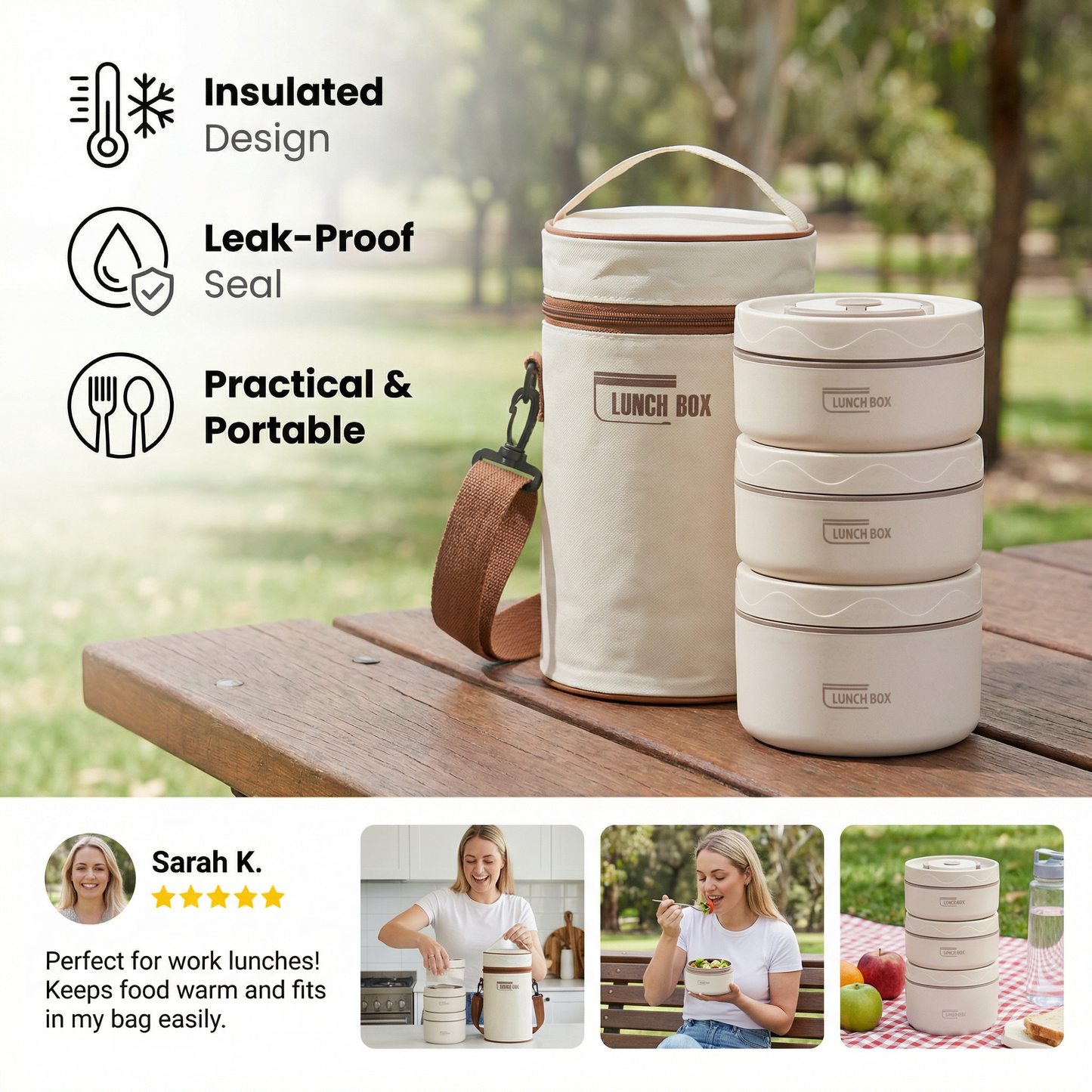 3-Piece Lunch Box Set – Insulated, Leak-Proof & Practical for On-the-Go
