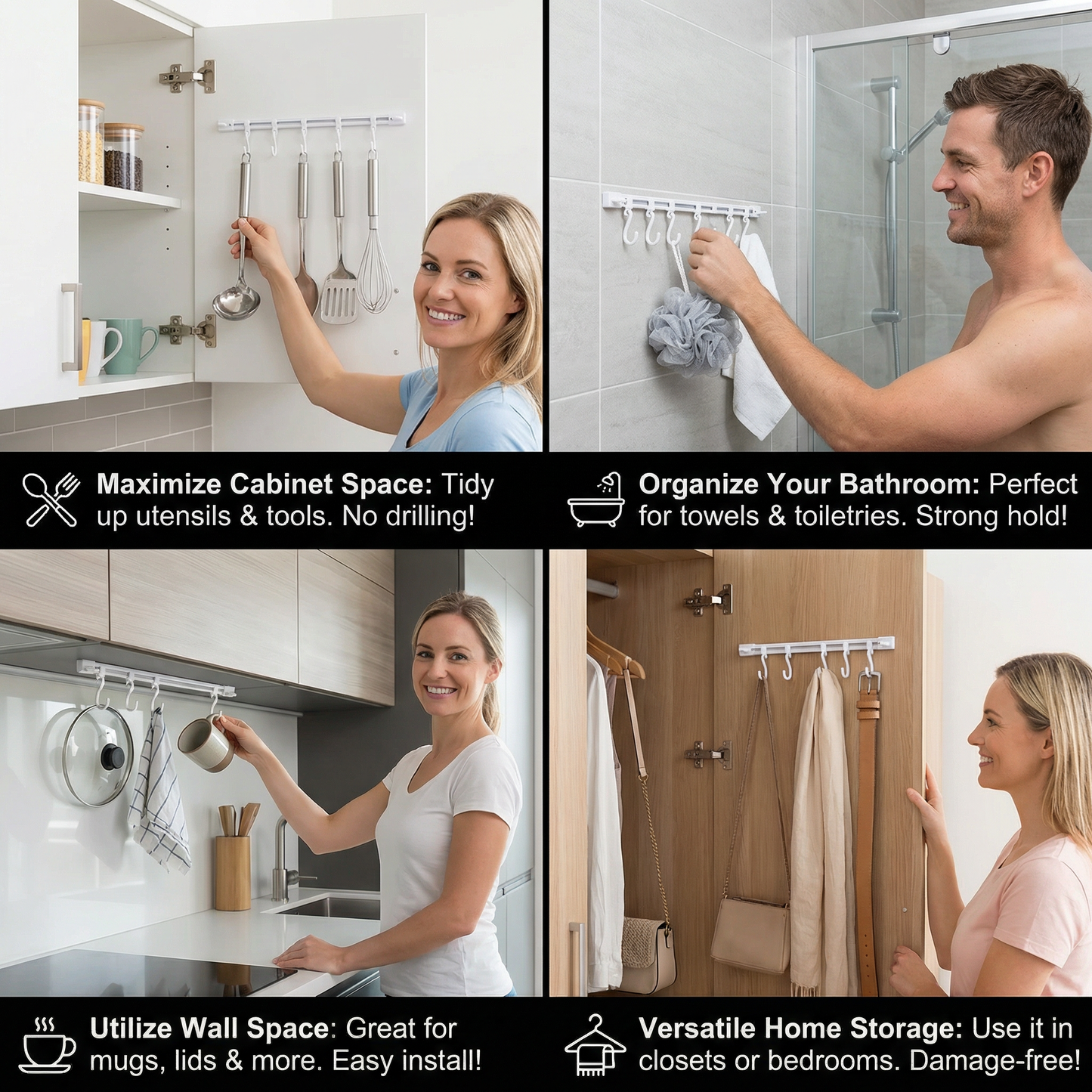 Self-Adhesive Hook Rail for Kitchen and Bathroom – Strong hold and no drilling required (2 pieces)