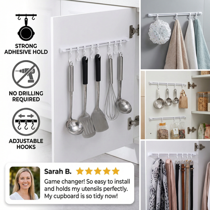 Self-Adhesive Hook Rail for Kitchen and Bathroom – Strong hold and no drilling required (2 pieces)