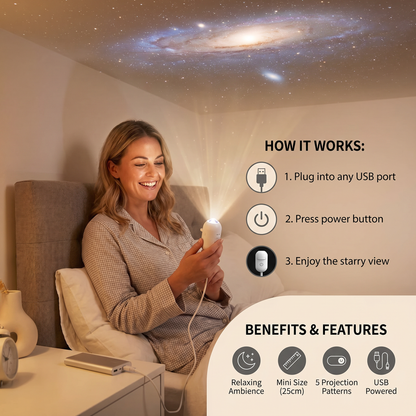 Modern Starry Sky Lamp – USB Mini Projector Night Light for Bedroom & Relaxing Ambience incl. 5 Patterns