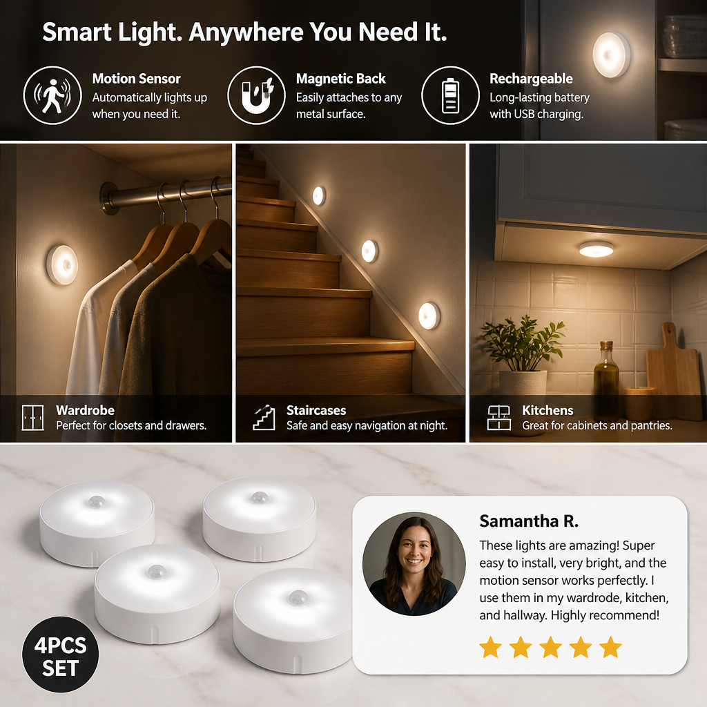Rechargeable LED Sensor Light (4-Pack) – Magnetic and Automatic for Versatile Use
