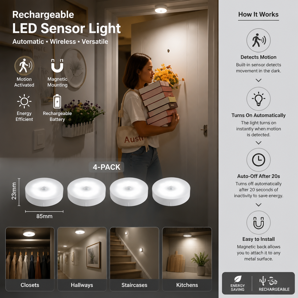Rechargeable LED Sensor Light (4-Pack) – Magnetic and Automatic for Versatile Use