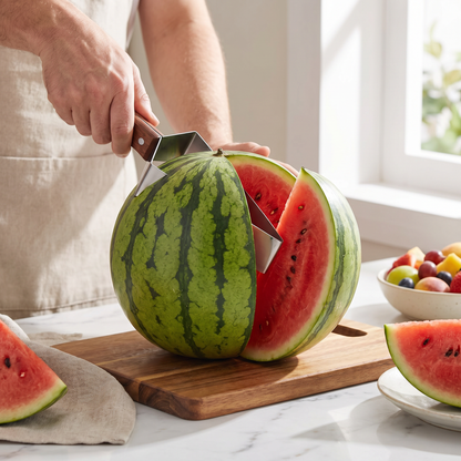 Stainless Steel Watermelon Slicer with Wooden Handle – Clean & Quick Portioning