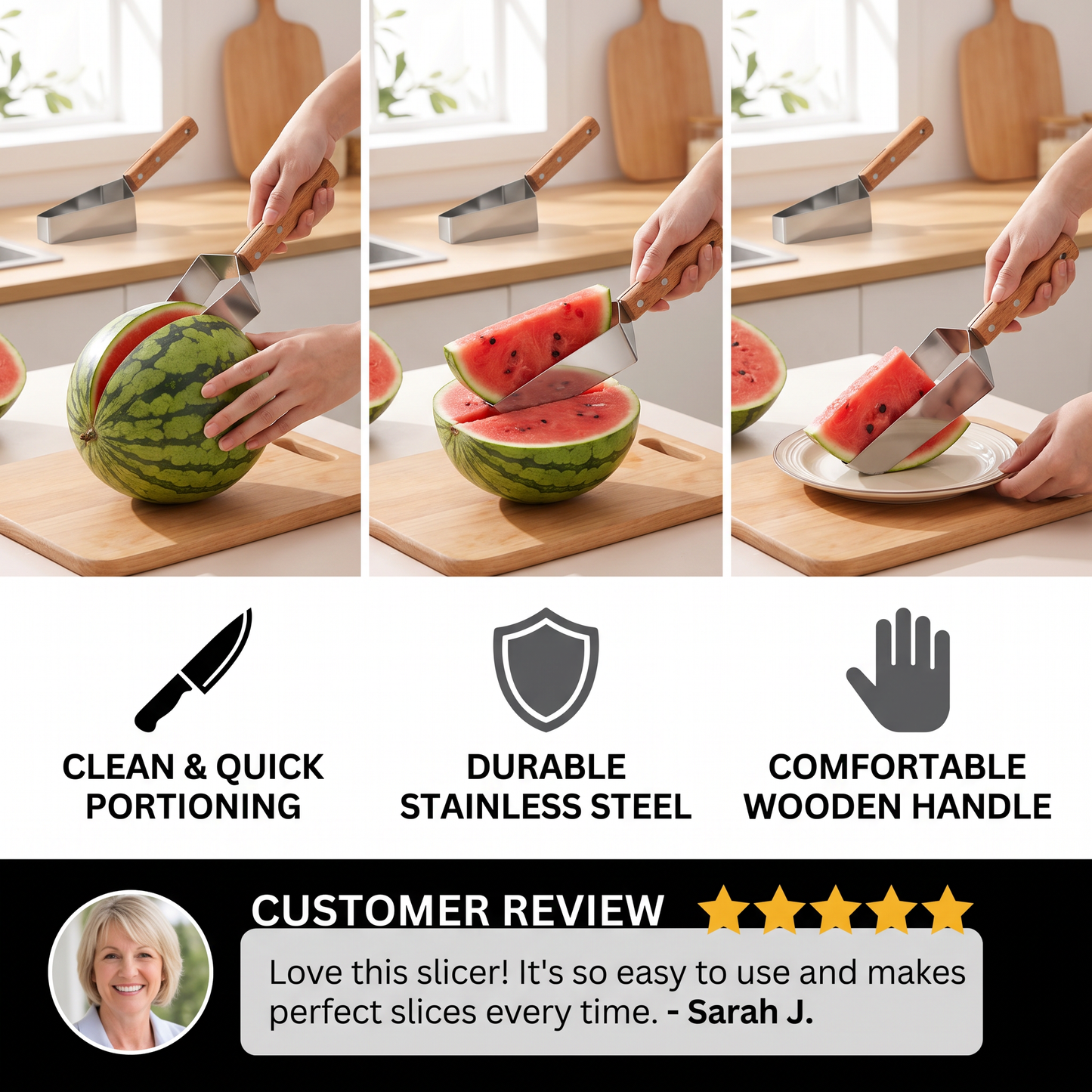 Stainless Steel Watermelon Slicer with Wooden Handle – Clean & Quick Portioning