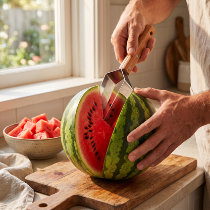 Stainless Steel Watermelon Slicer with Wooden Handle – Clean & Quick Portioning